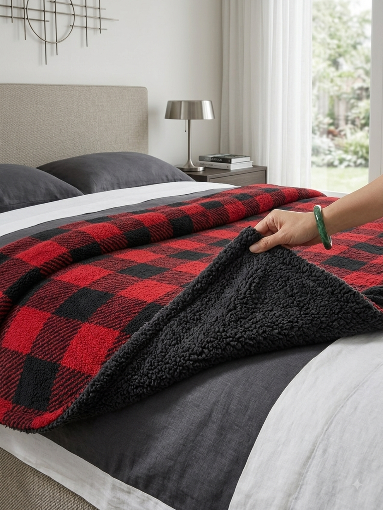 Chăn lông cừu caro đỏ xuất Mỹ